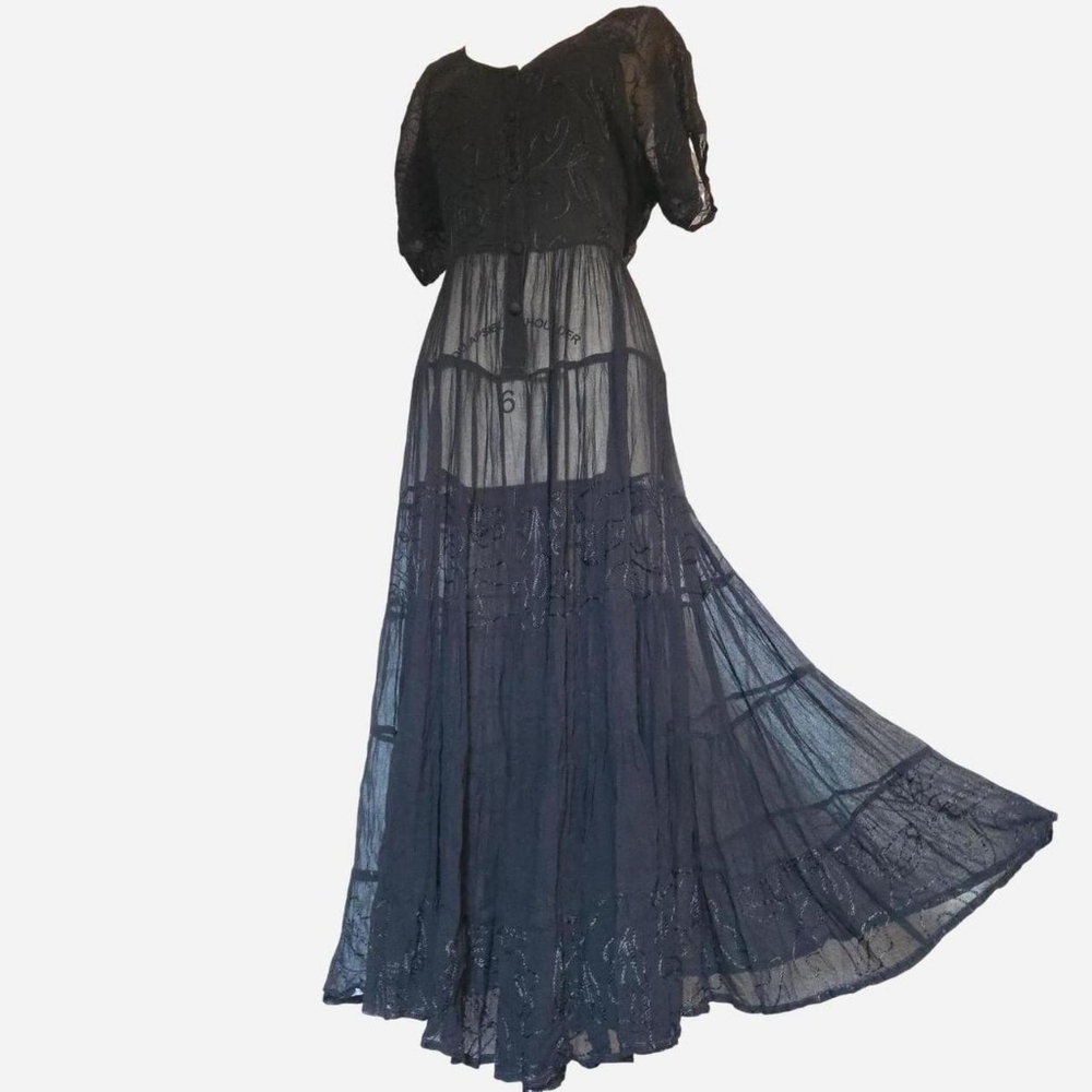 Black embroidered layering gathered tiered dress